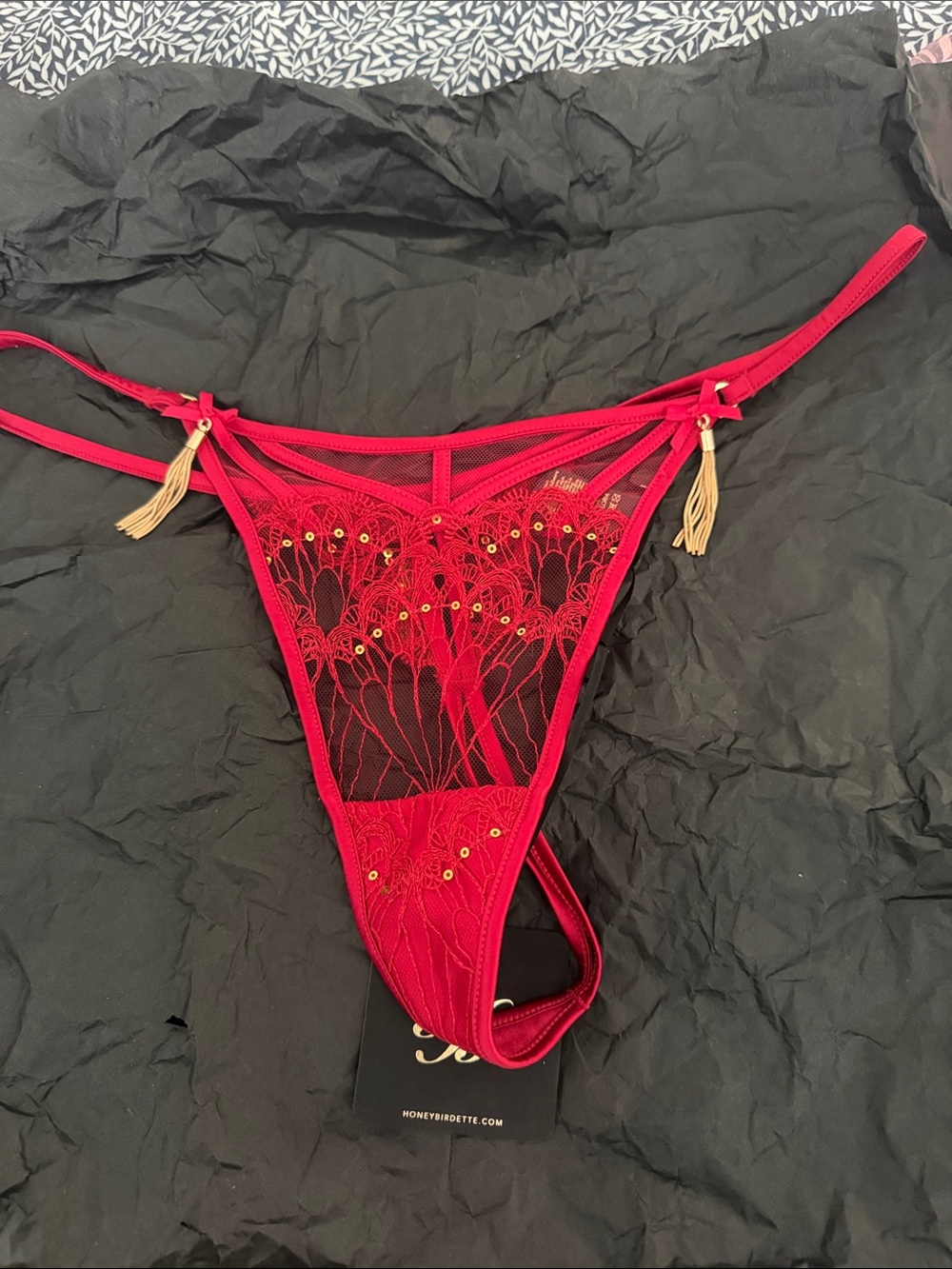 Honey Birdette Hot  Lace Thong with Gold Tassels
